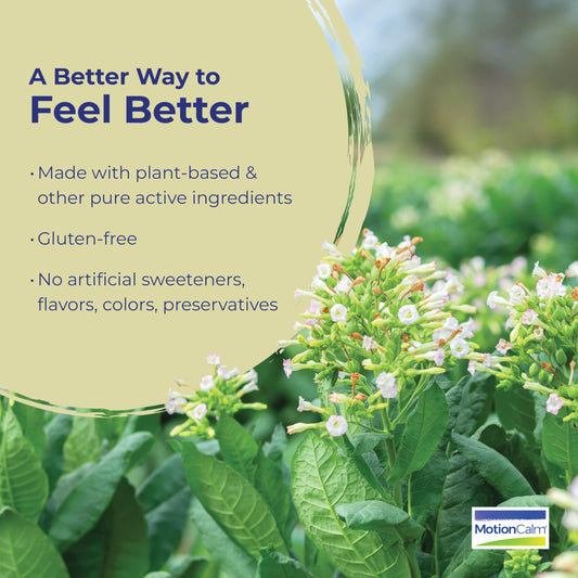 Boiron MotionCalm homeopathic meltaway tablets packaging details and target travel symptoms
