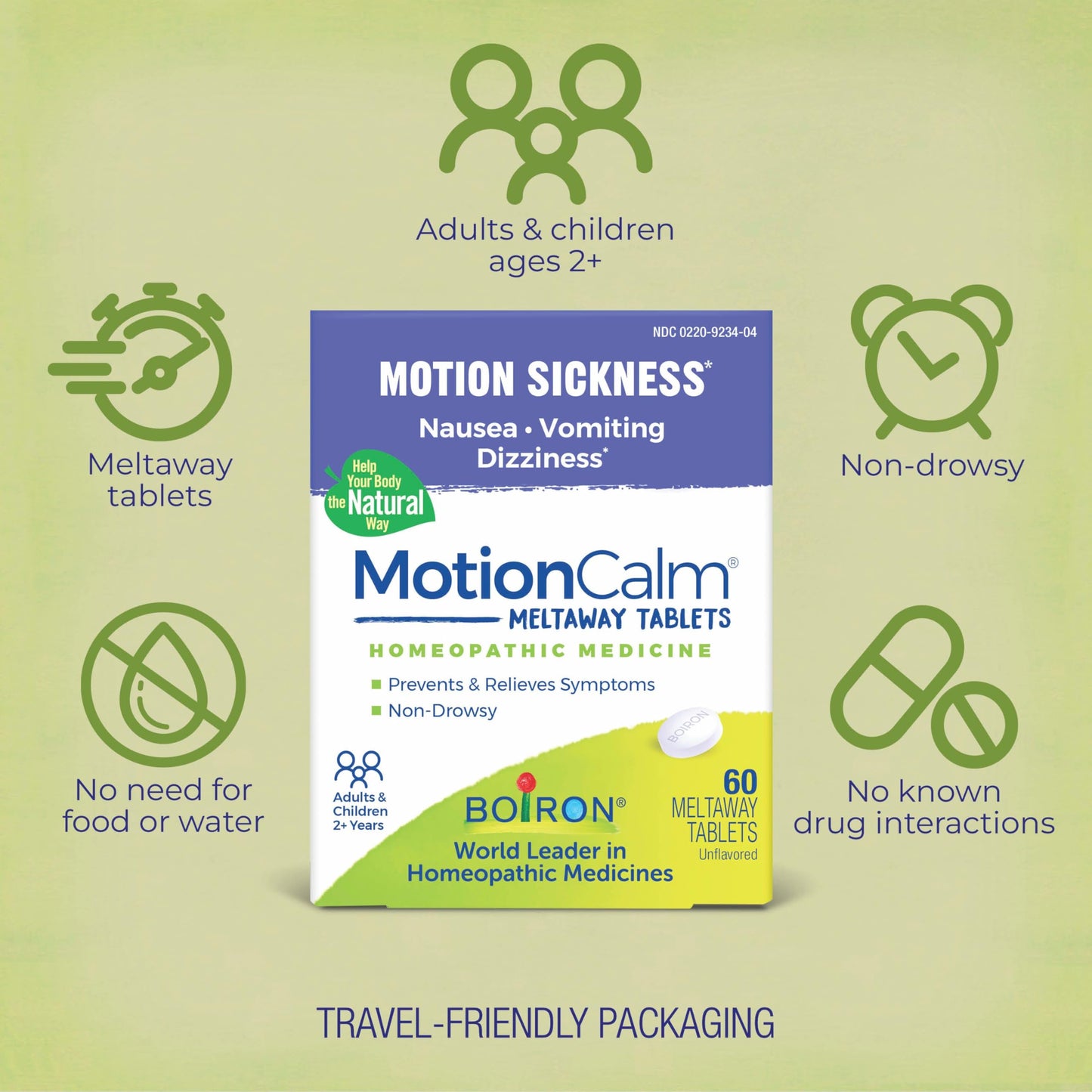 Boiron MotionCalm blister packs for convenient portable relief from travel nausea and dizziness