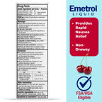 Emetrol cherry flavored liquid medicine packaging detailing the non drowsy formula and age recommendations
