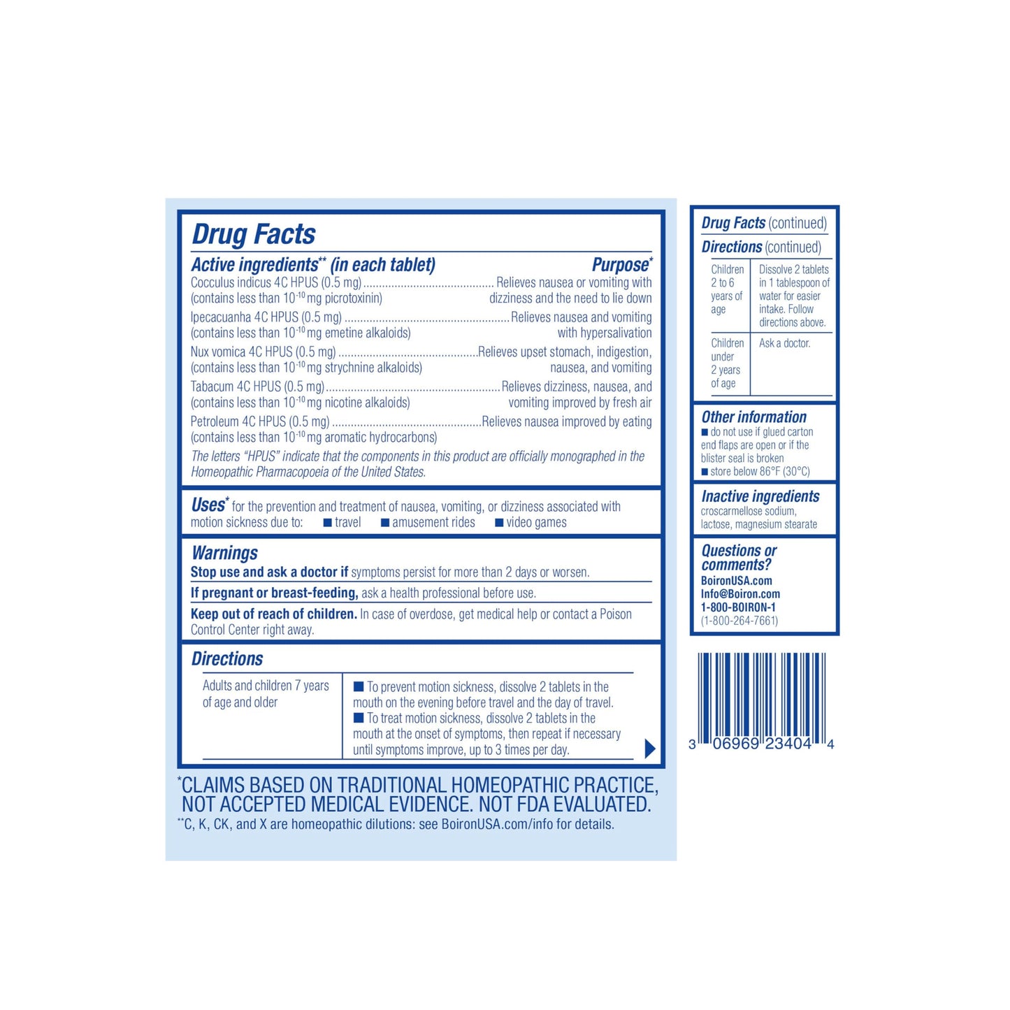 Boiron MotionCalm travel sickness medicine box side showing age recommendations for children and adults