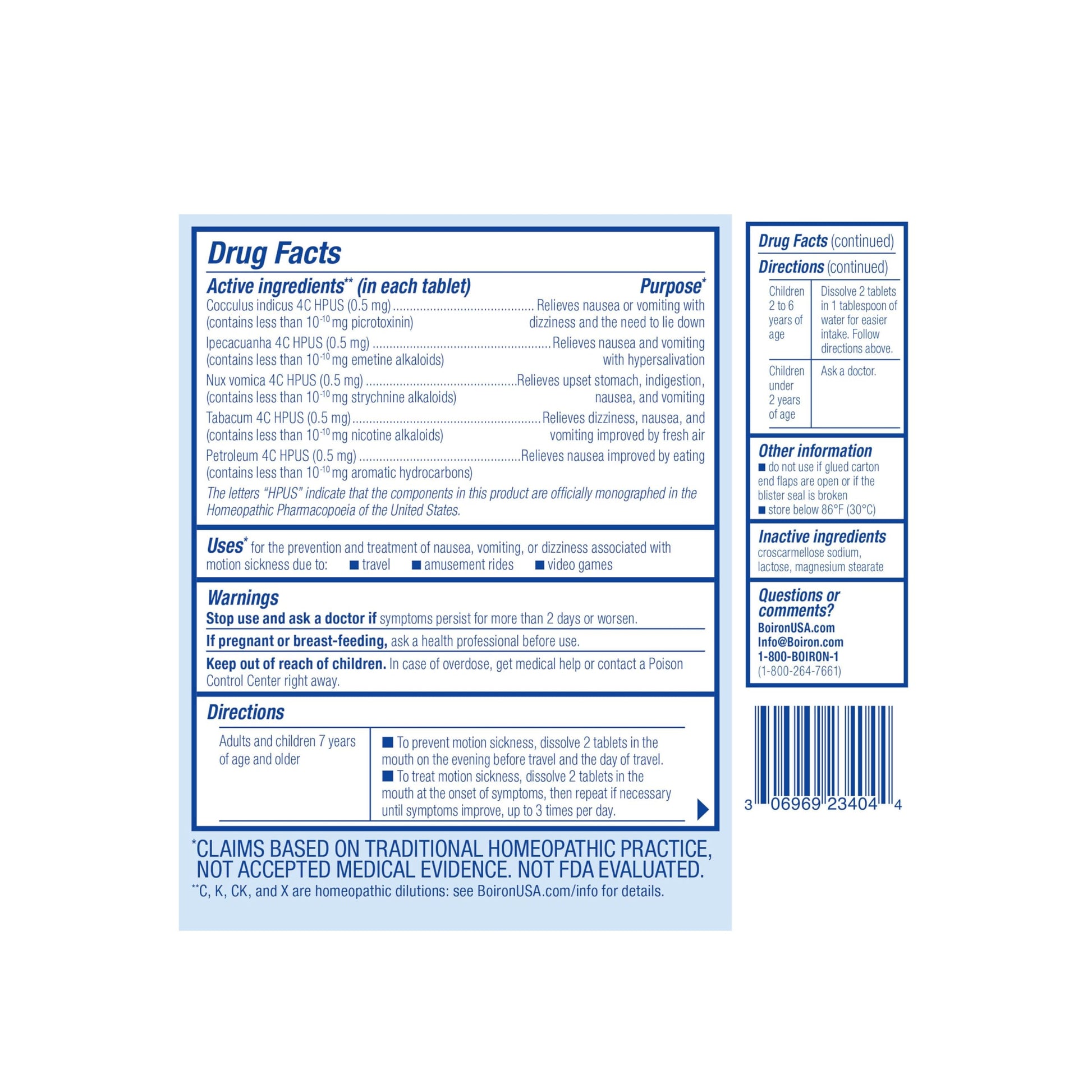 Boiron MotionCalm travel sickness medicine box side showing age recommendations for children and adults
