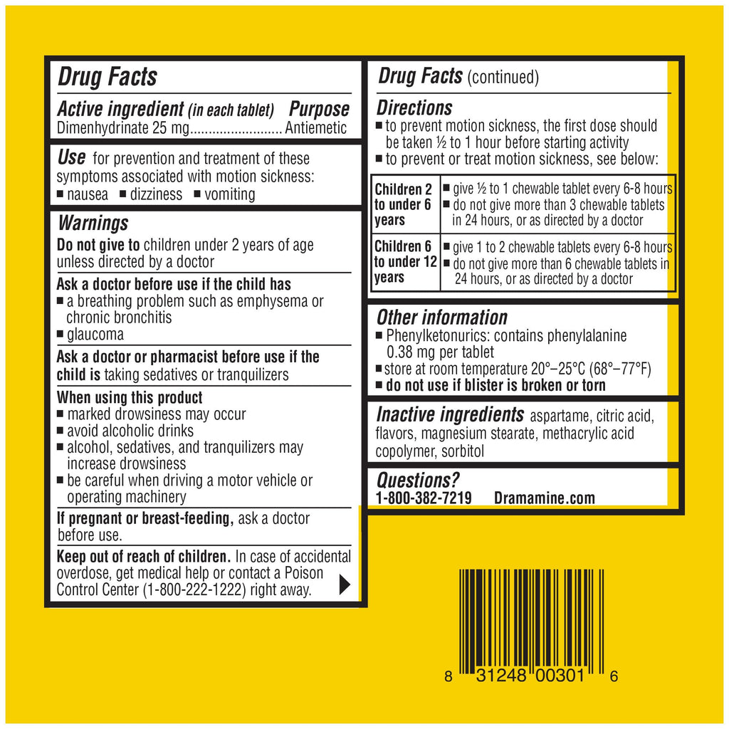 Back label of Dramamine Kids chewable tablets showing dosage instructions by age