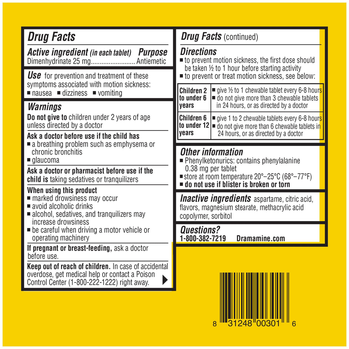 Back label of Dramamine Kids chewable tablets showing dosage instructions by age