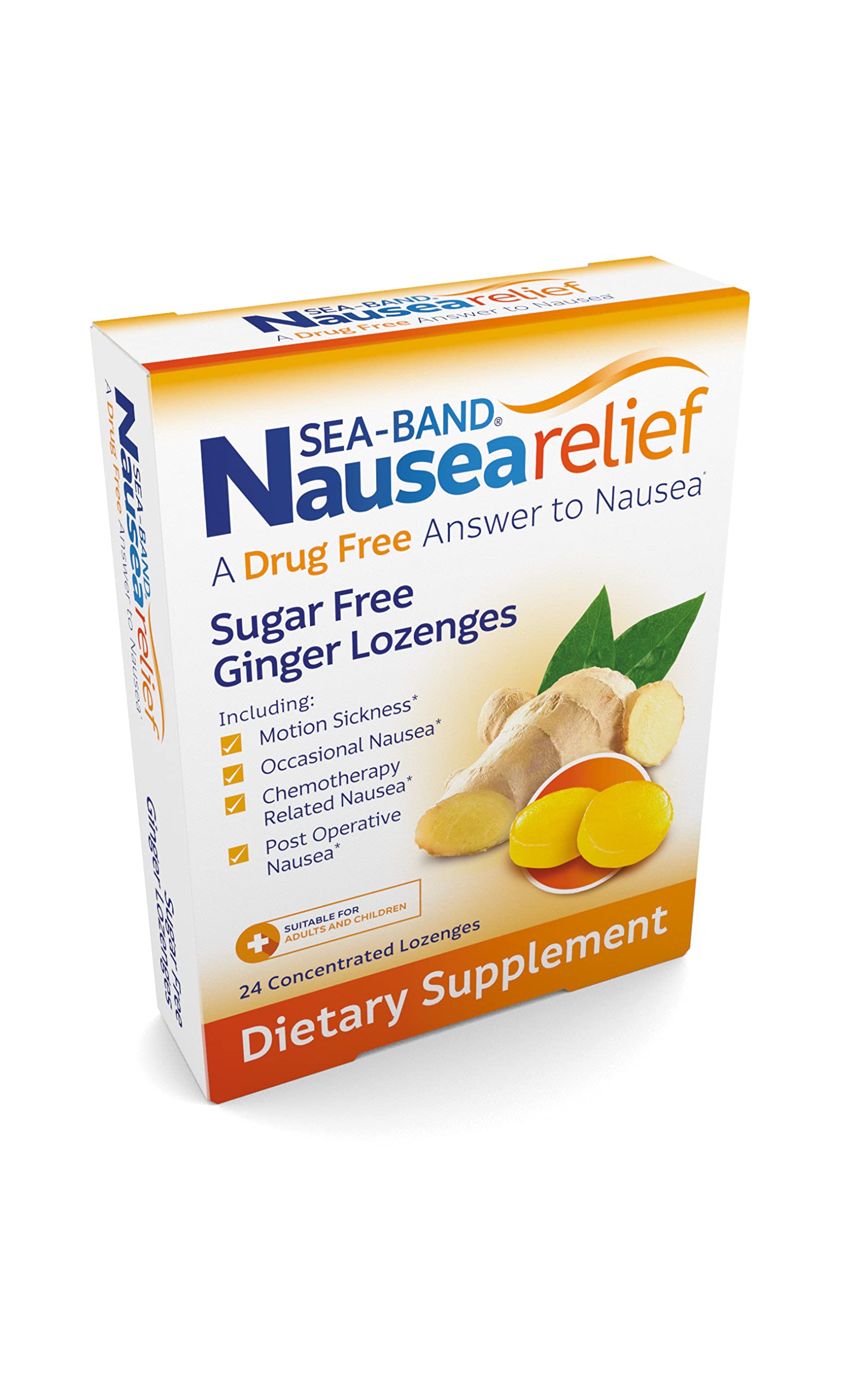 Drug free ginger lozenges box showing 24 count individual wrapping