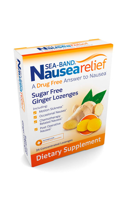 Drug free ginger lozenges box showing 24 count individual wrapping