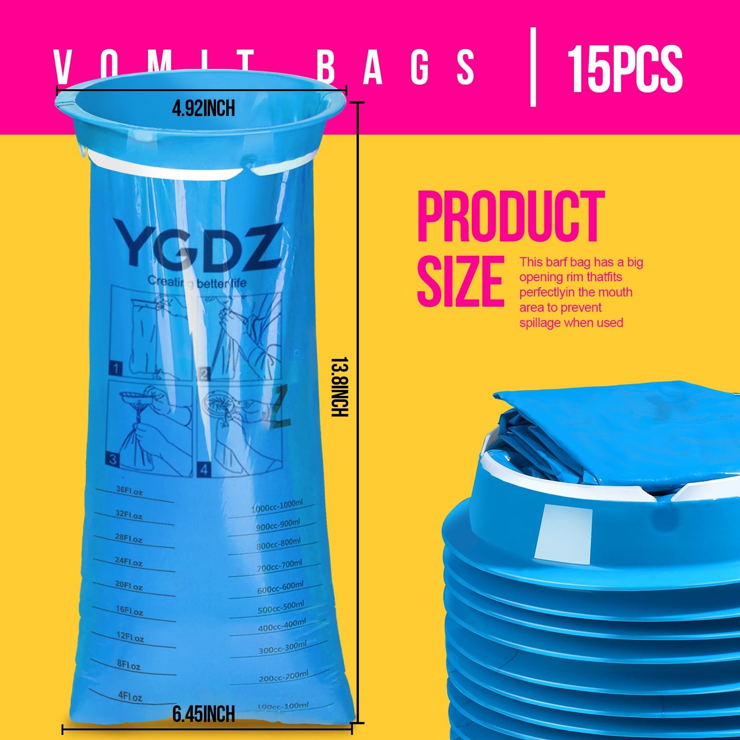 YGDZ emesis bags showcasing the rigid plastic rim for secure mouth placement
