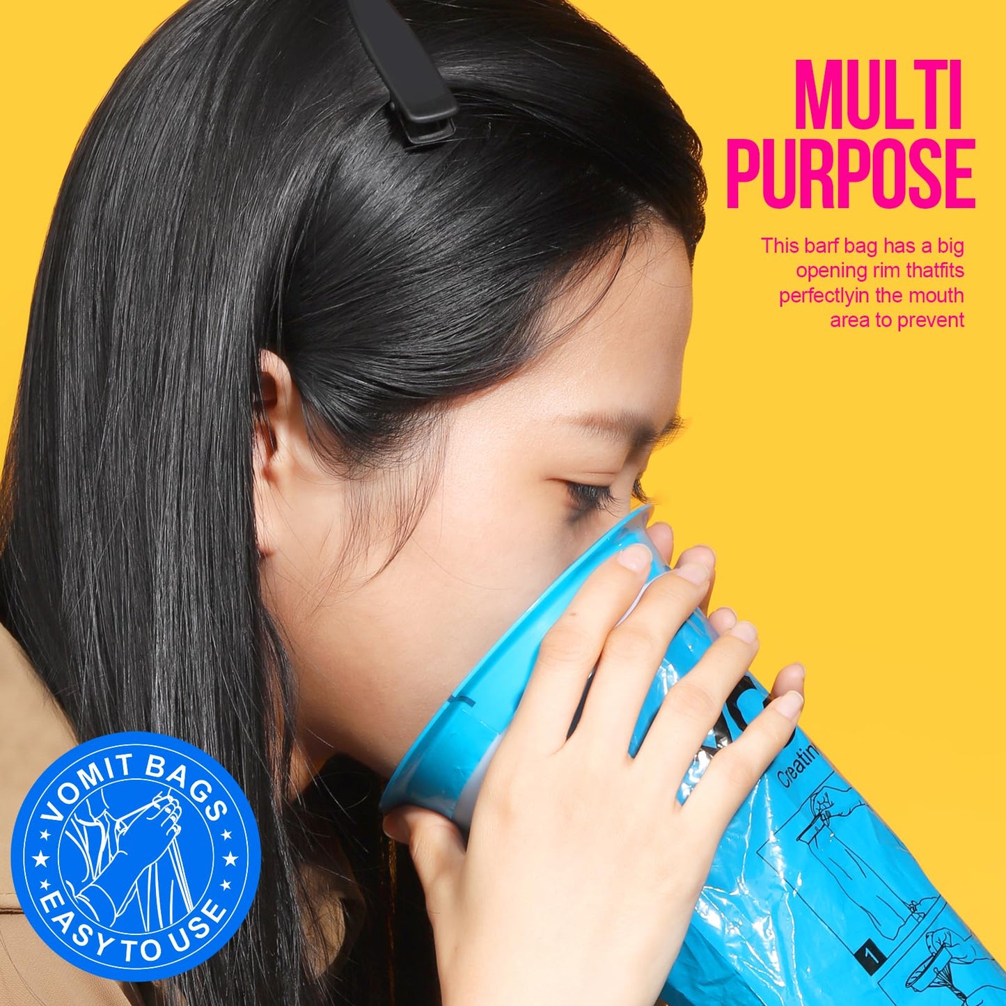 YGDZ portable motion sickness bags tucked inside a car seat pocket for travel