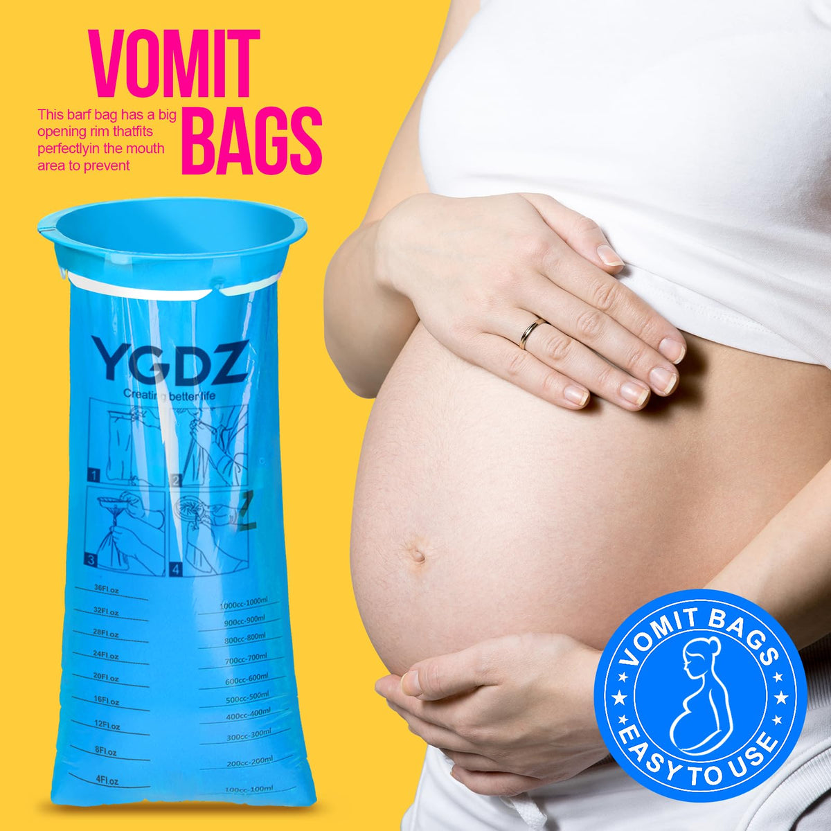 YGDZ leak resistant travel nausea bags displaying the graduated measurement markings