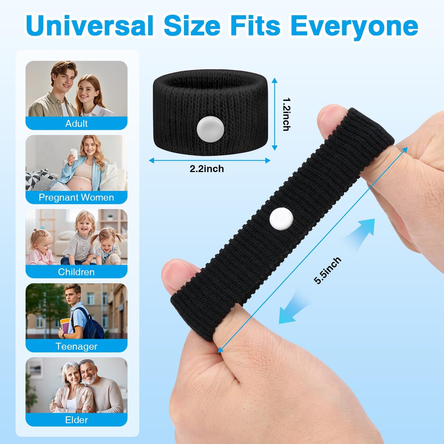 Elastic cotton anti nausea wrist bands with built in plastic pressure studs