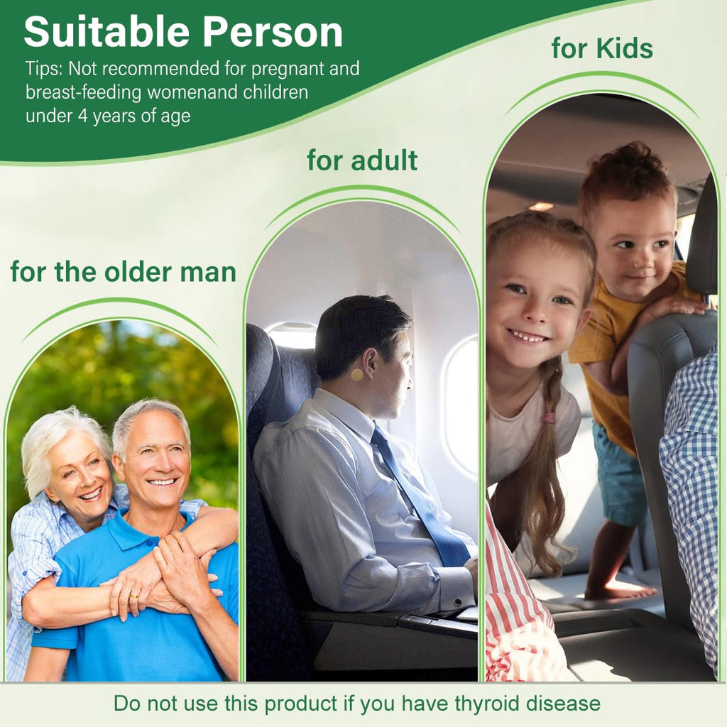 Natural herbal anti nausea patch applied behind the ear for long lasting travel comfort.