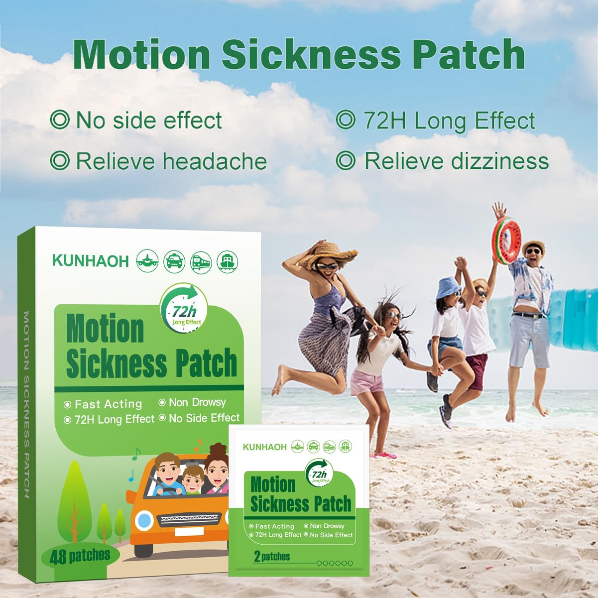 Waterproof sea sickness patch placed over the belly button for cruise and ship travel.