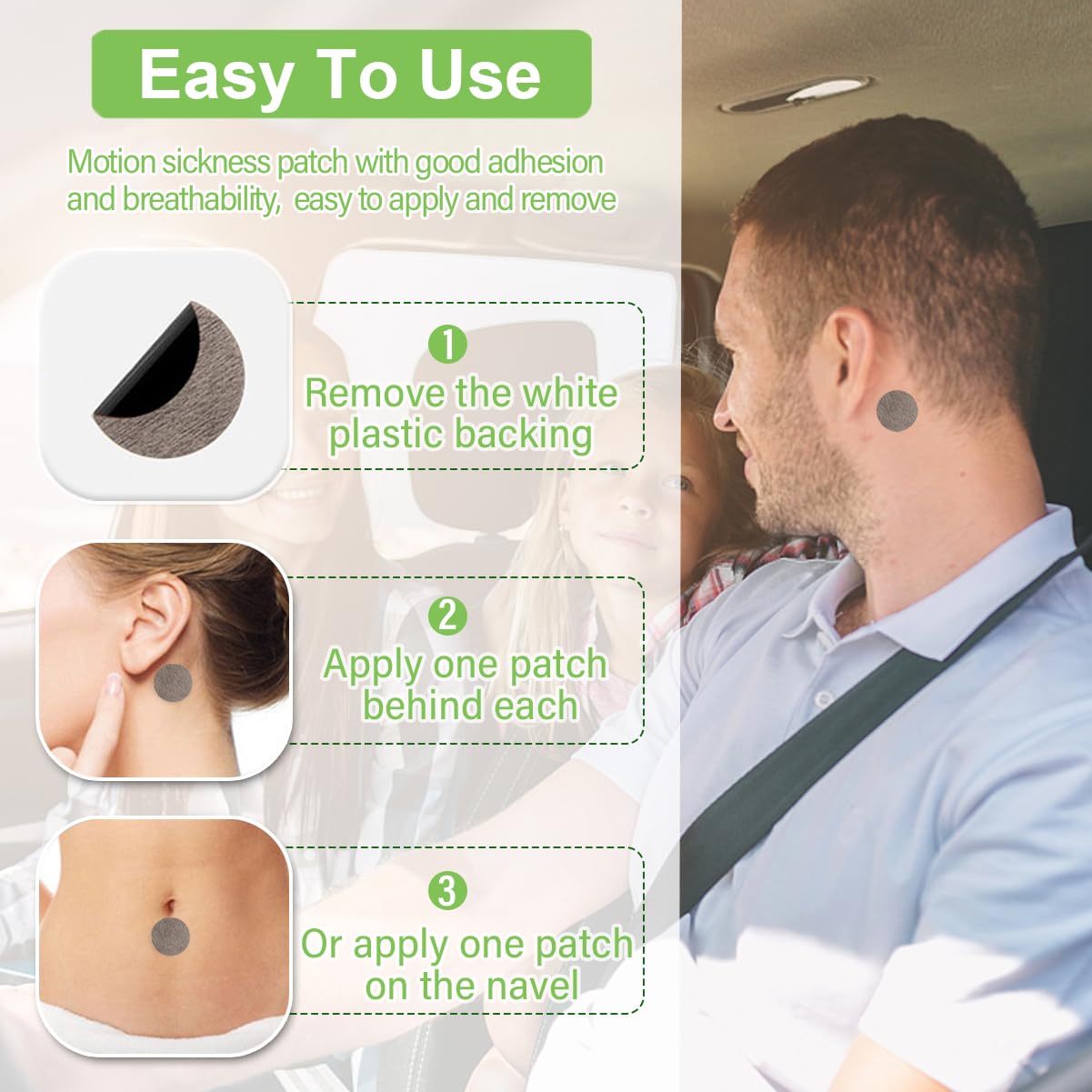 Close up of the non drowsy motion sickness remedy showing the easy peel adhesive backing.