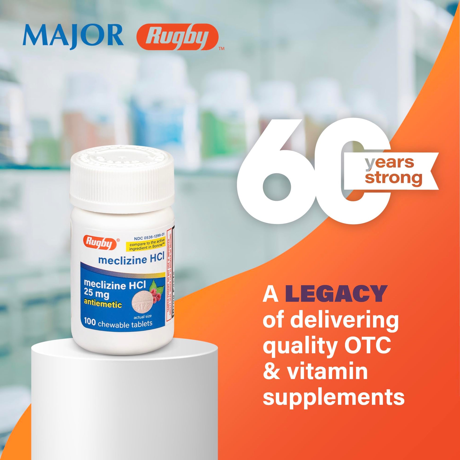 Rugby Meclizine Hydrochloride 25mg anti nausea medication bottle side label showing drug facts