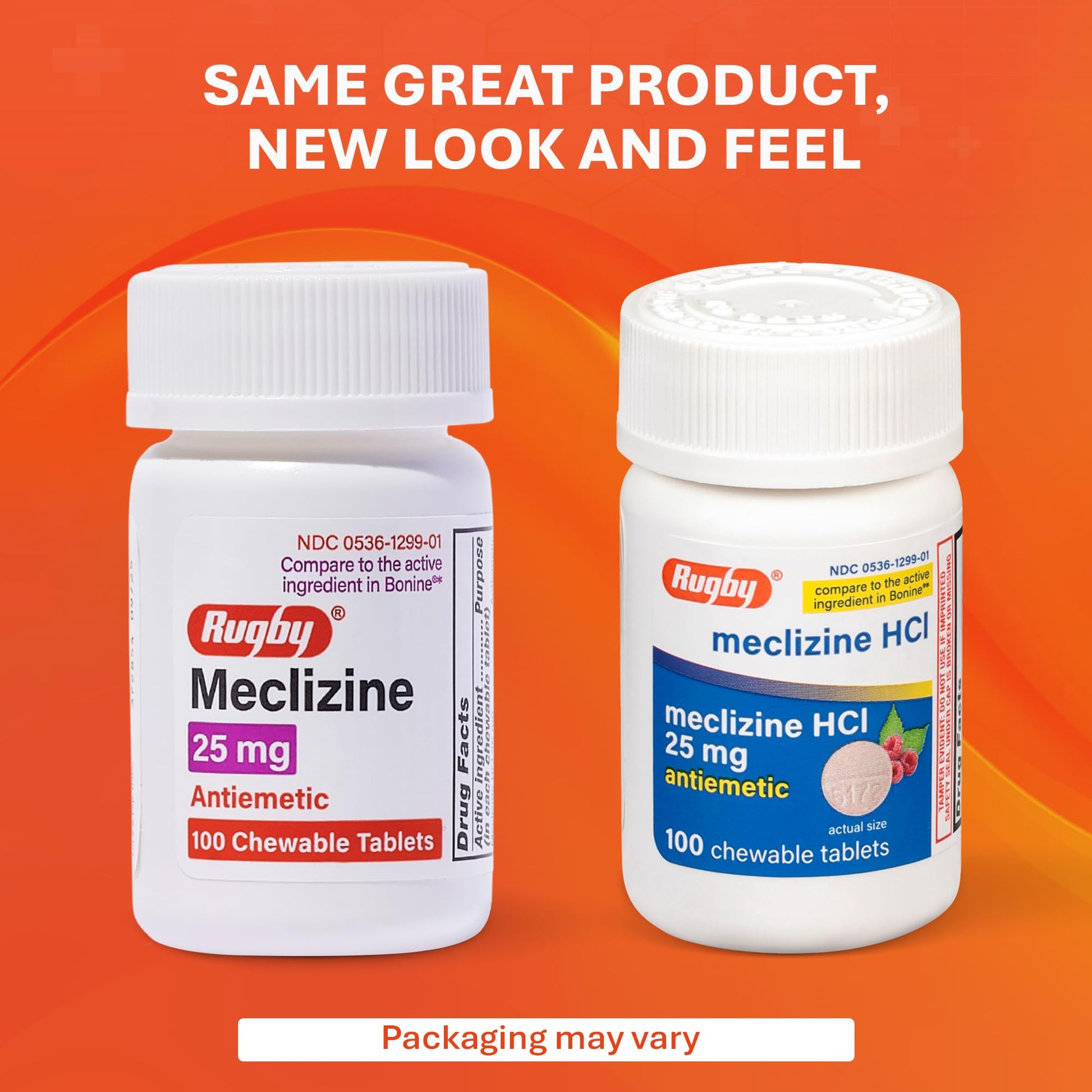 Authentic Rugby Laboratories meclizine 25mg vertigo and dizziness relief supplement bottle close up view