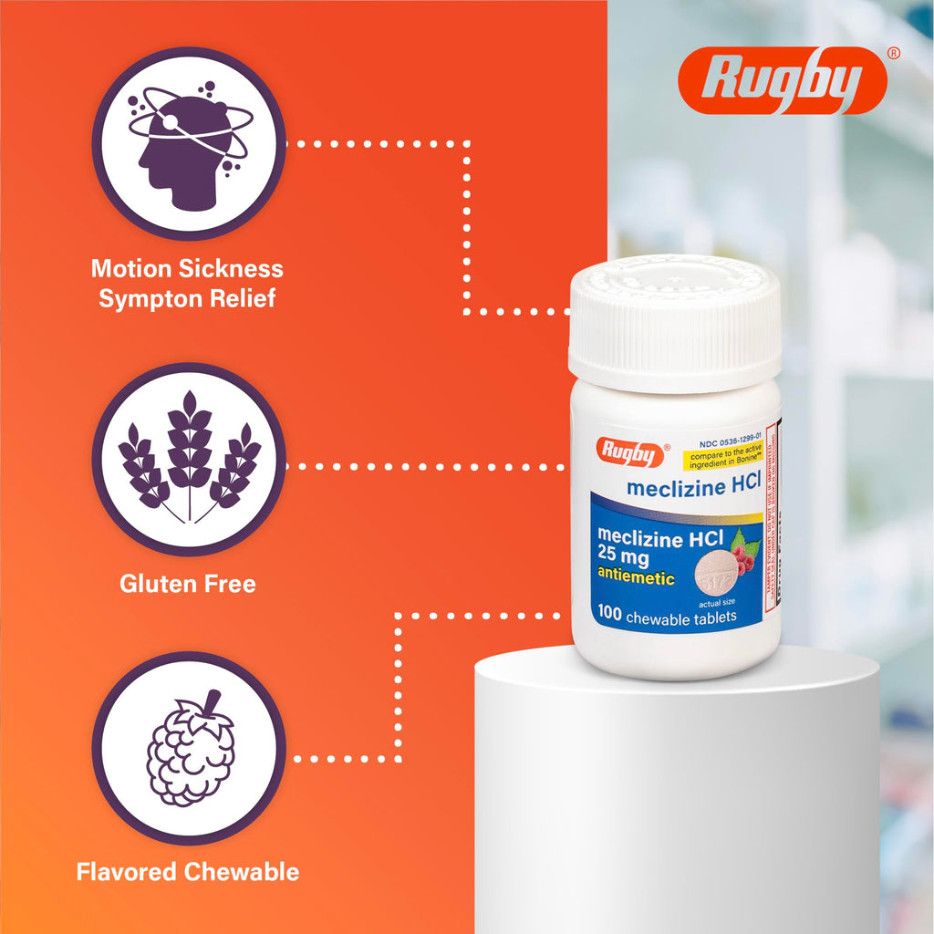 Rugby travel sickness meclizine HCl chewable tablets back label with detailed usage warnings