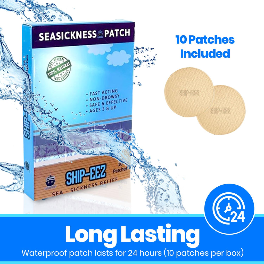 SAILPAK motion sickness patches 10 pack laid out next to travel essentials for cruise vacation preparation.