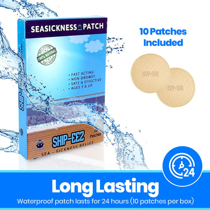 SAILPAK motion sickness patches 10 pack laid out next to travel essentials for cruise vacation preparation.
