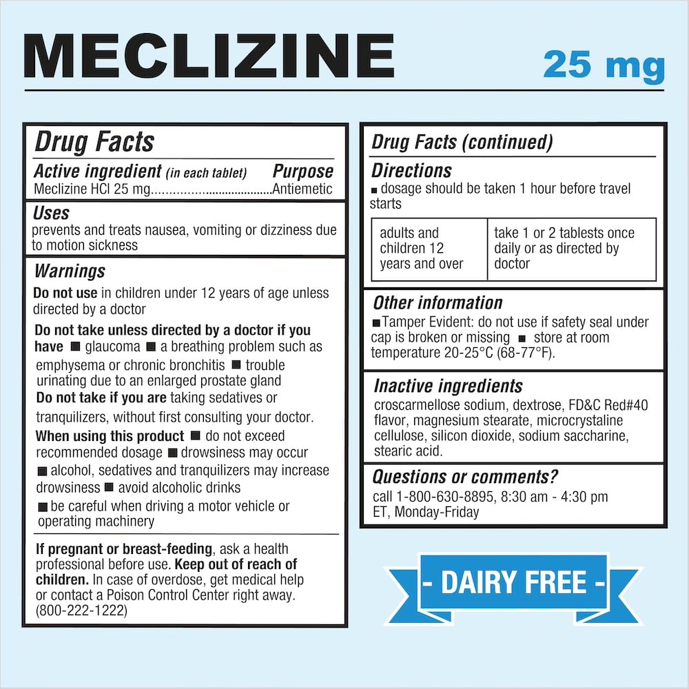 Puregen Labs Meclizine 25 mg supplement facts panel showing raspberry flavor and dairy free claim