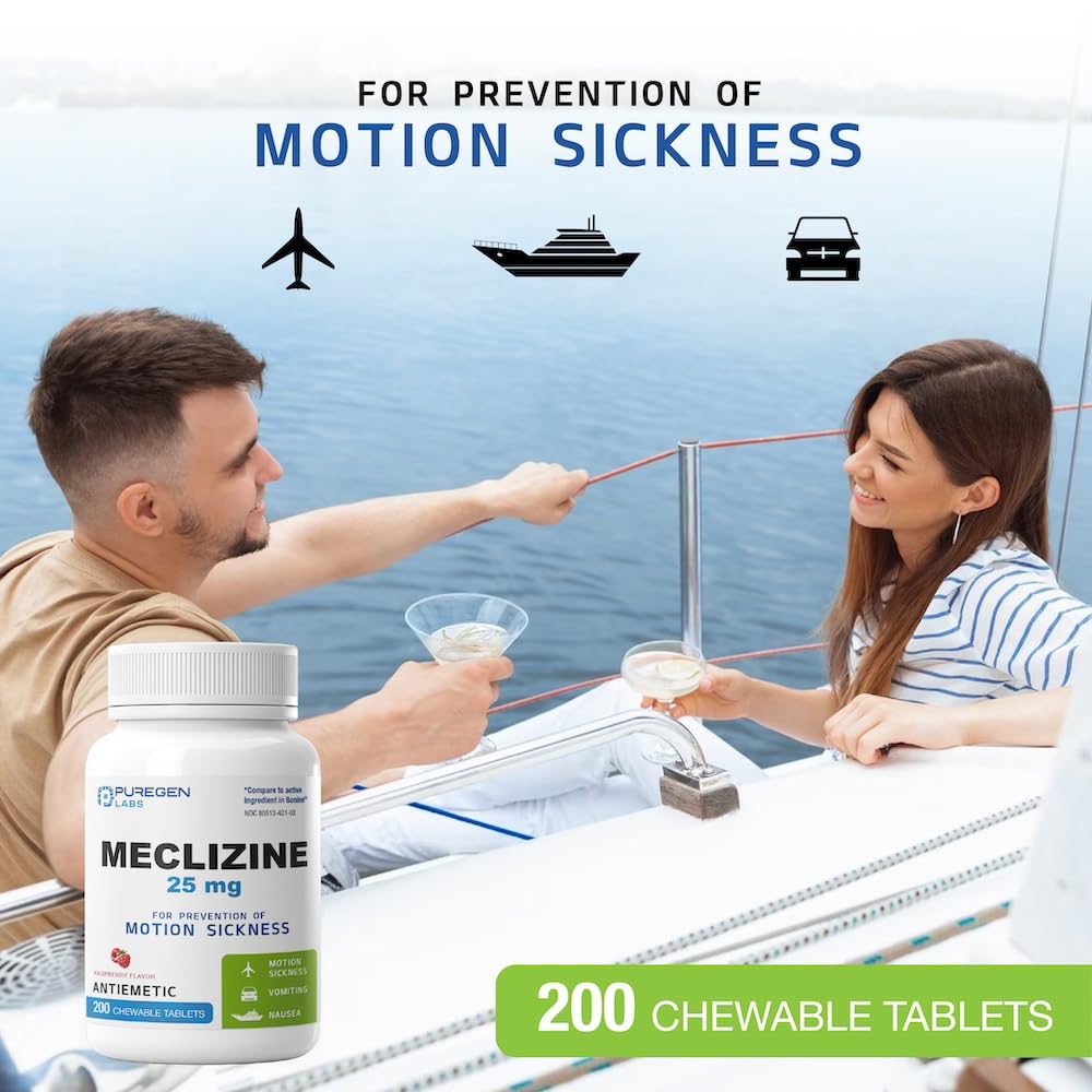 Puregen Labs Meclizine 25 mg antiemetic tablets back label detailing directions for travel nausea