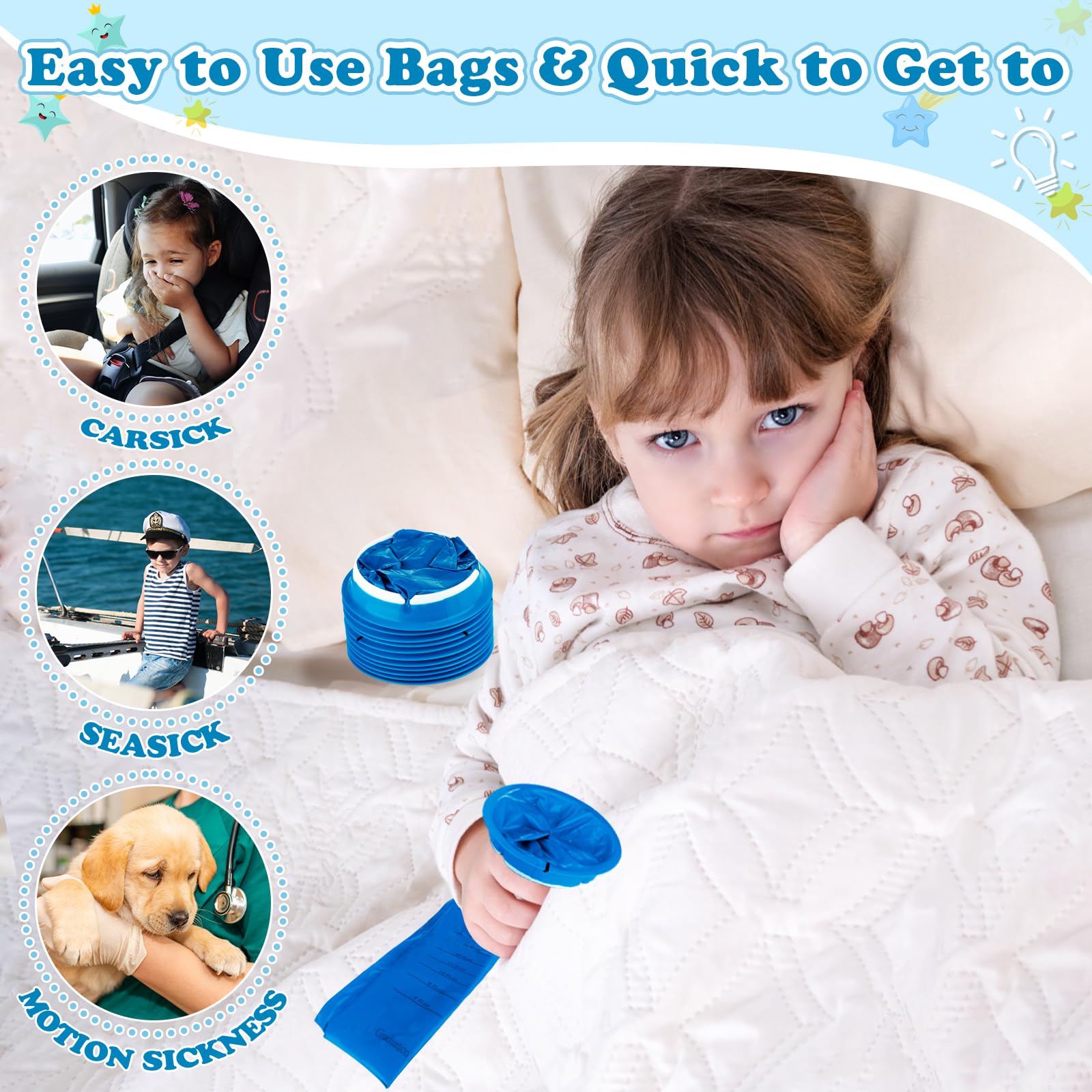 Valchoose motion sickness bags for children stacked flat inside a car door pocket for travel preparation.
