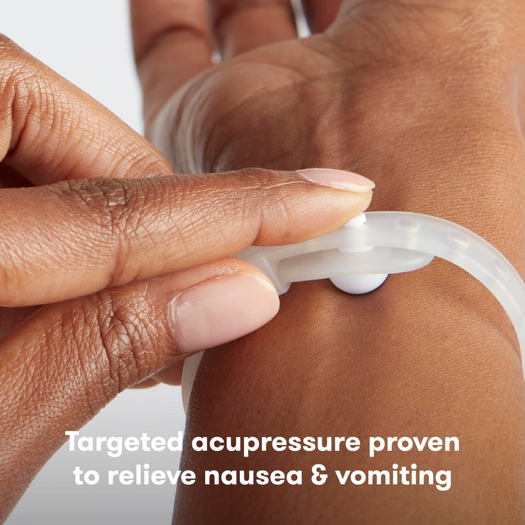 Frida Mom Anti-Nausea Bands demonstrating the internal acupressure button placement.