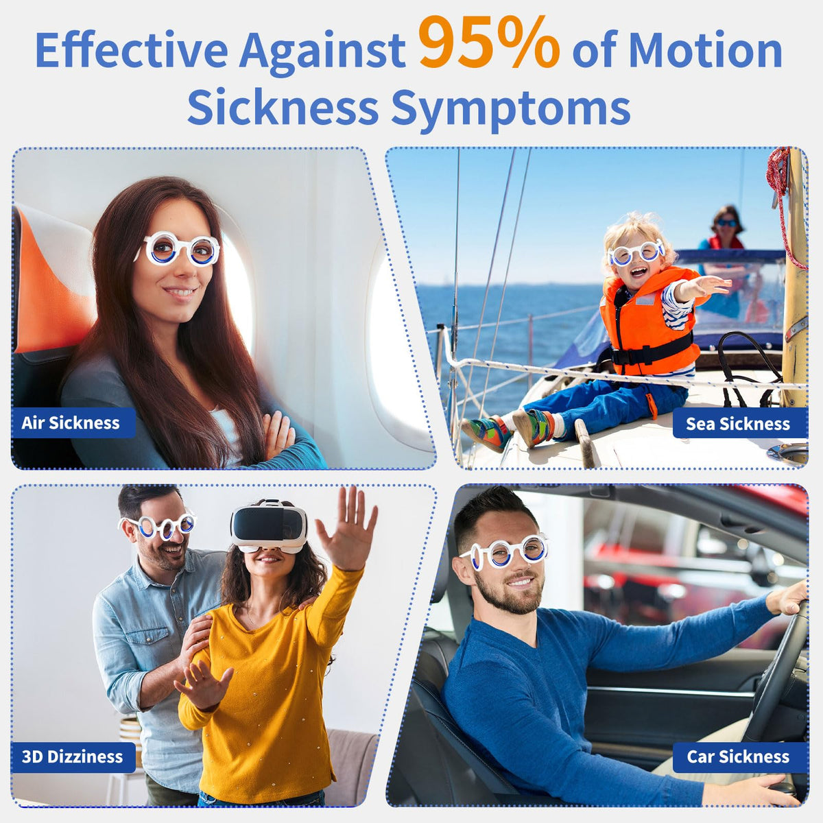 Hion car sickness glasses showing the flexible blue horizon liquid inside the frame.