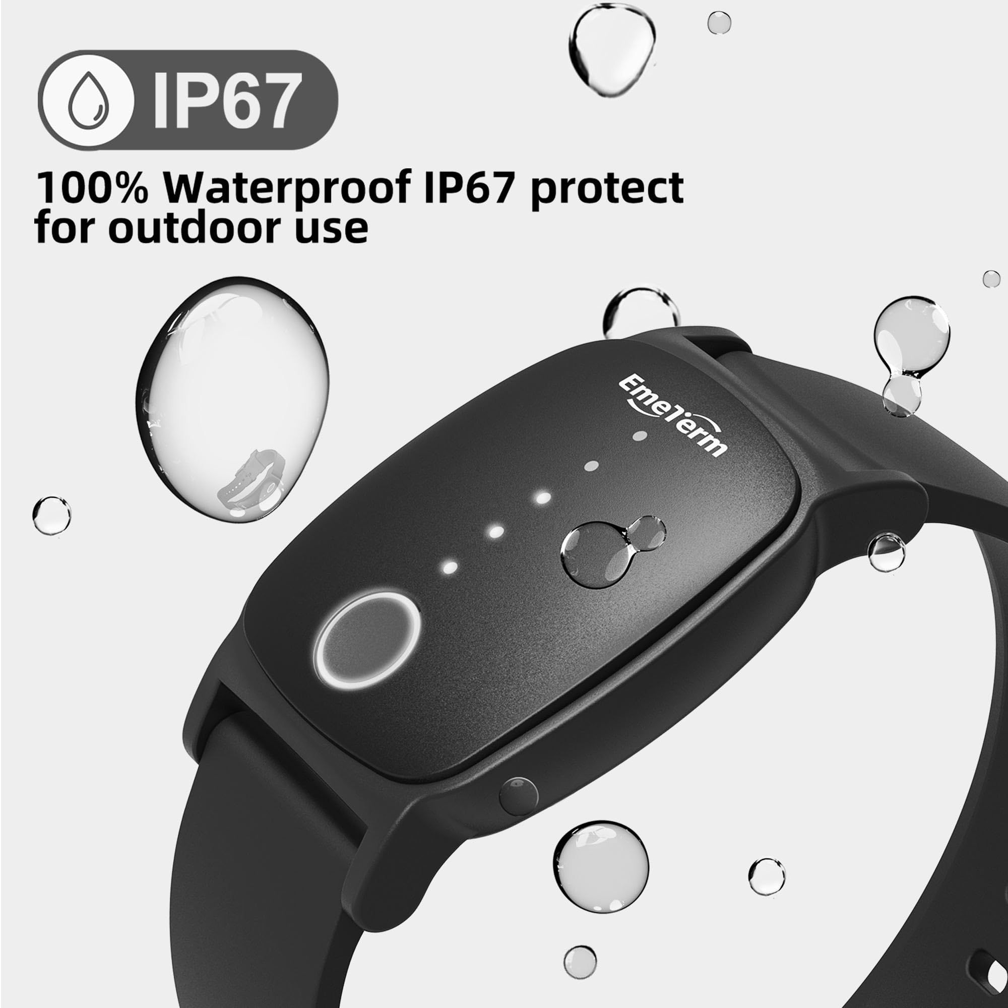 EmeTerm Explore FDA cleared motion sickness relief band showing the vertical electrode placement.