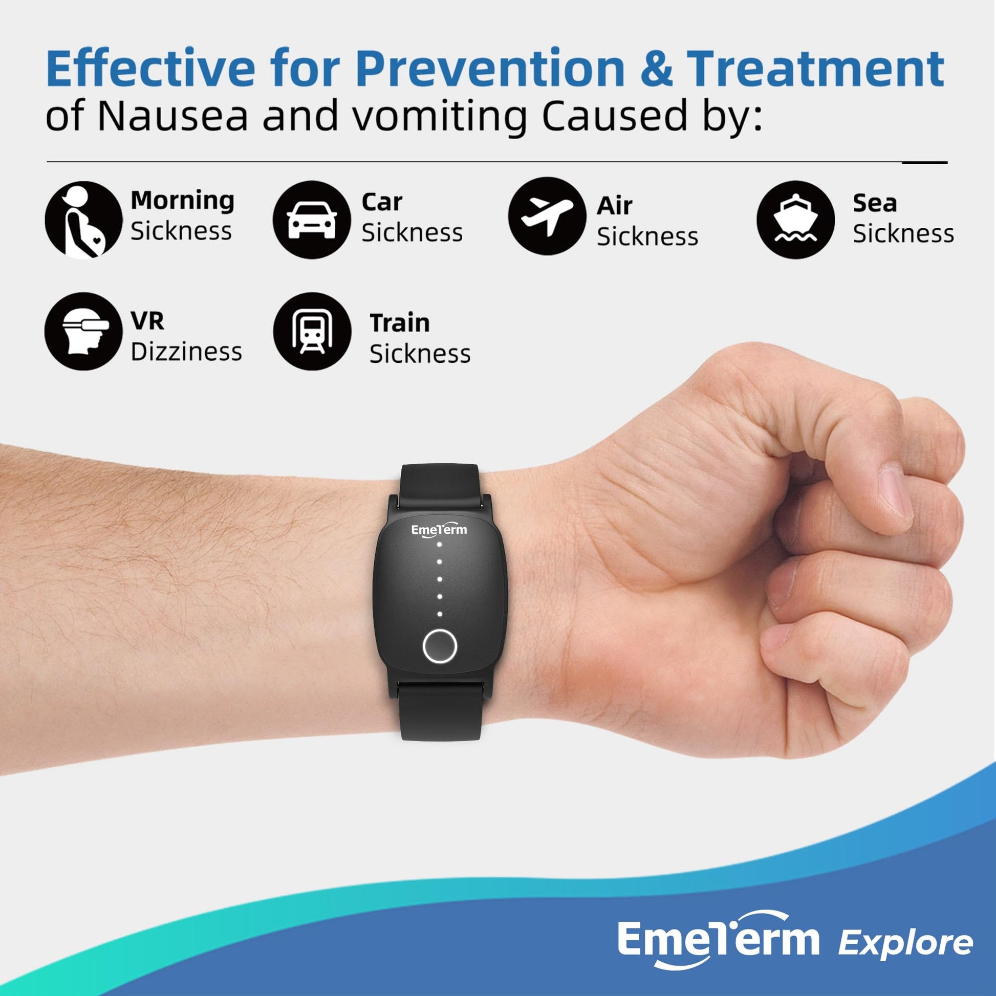 EmeTerm Explore rechargeable anti nausea band displaying the circular intensity adjustment button.