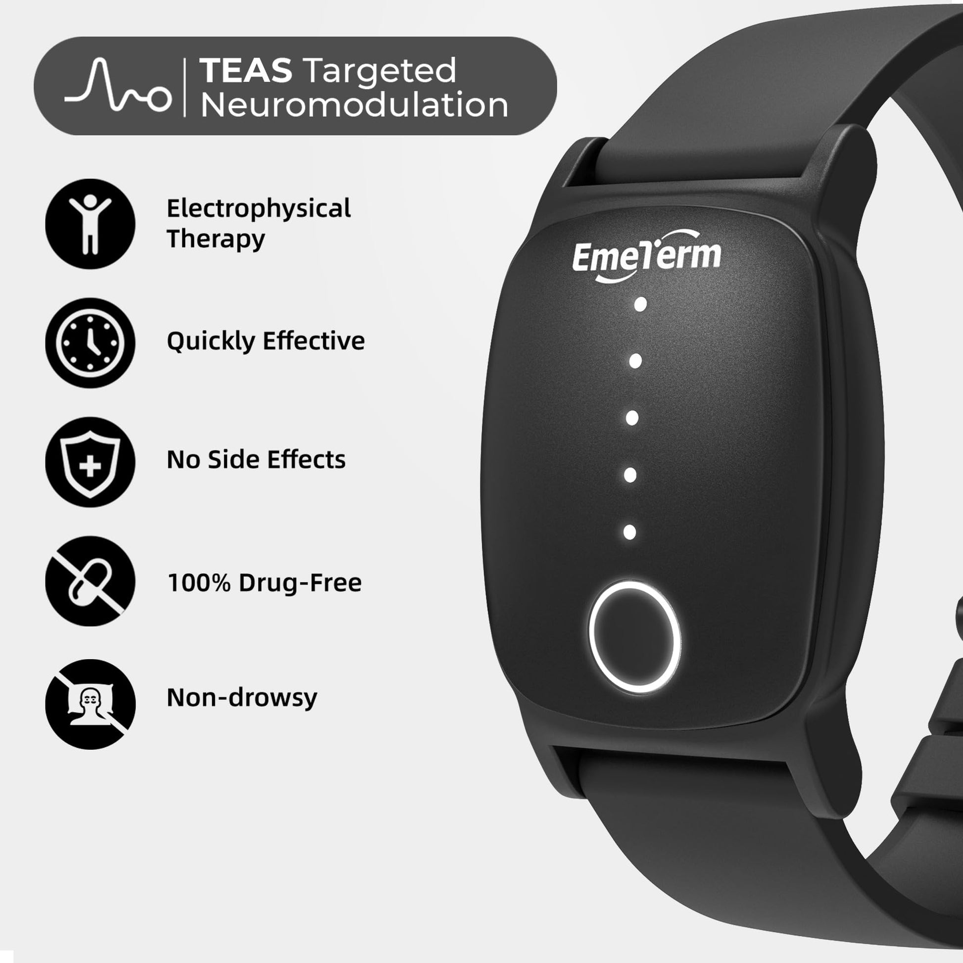 EmeTerm Explore waterproof morning sickness wristband alongside its magnetic USB charging cable.