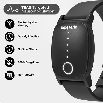 EmeTerm Explore waterproof morning sickness wristband alongside its magnetic USB charging cable.