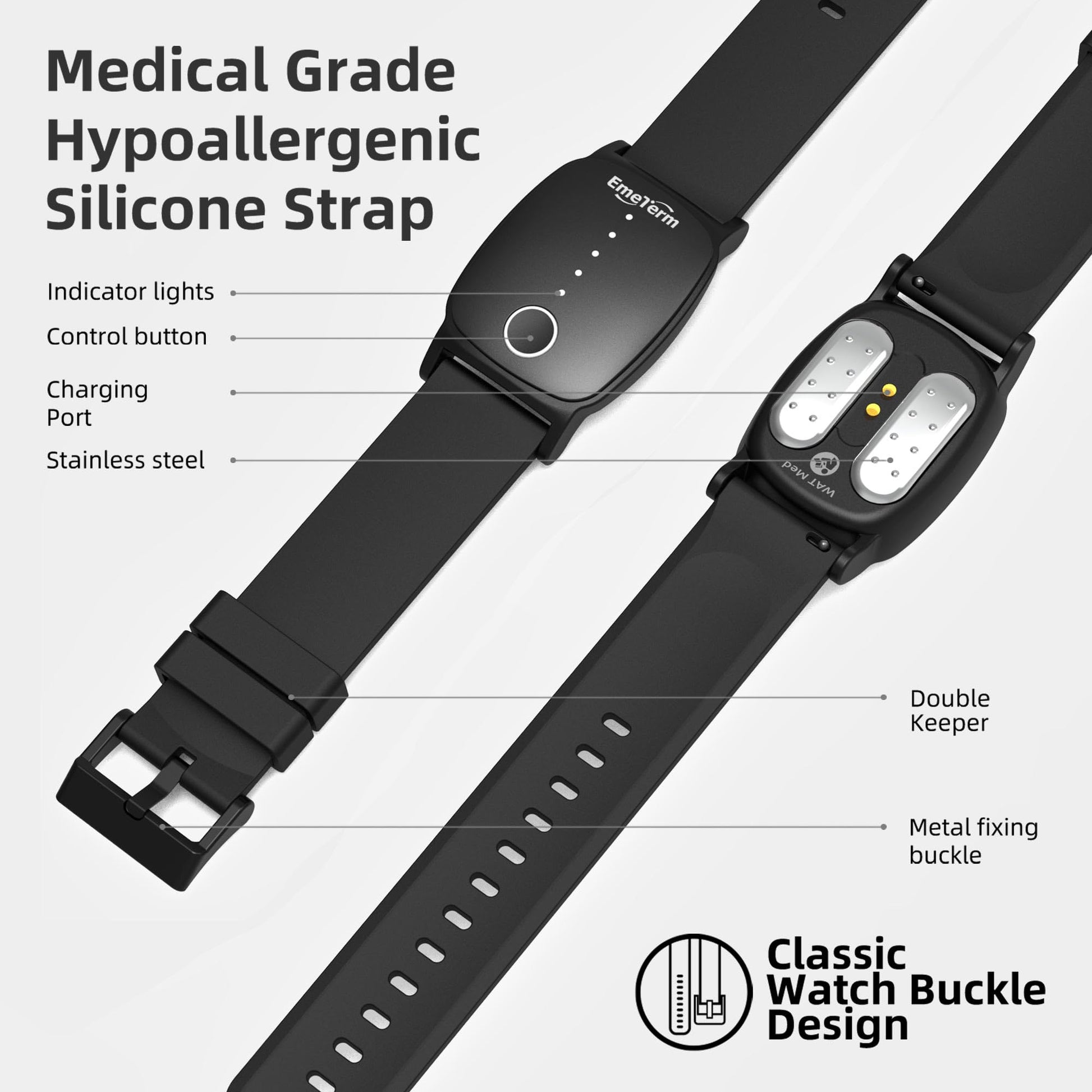 EmeTerm Explore drug free travel sickness band on a wrist demonstrating correct placement.