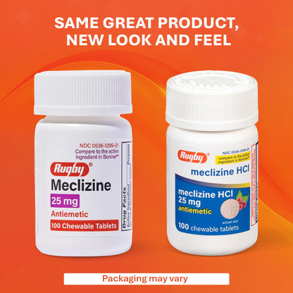 Three bottles of Rugby Meclizine 25mg antiemetic supplements for vertigo control