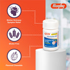Rugby travel sickness chewable pills close up view showing raspberry flavor detail