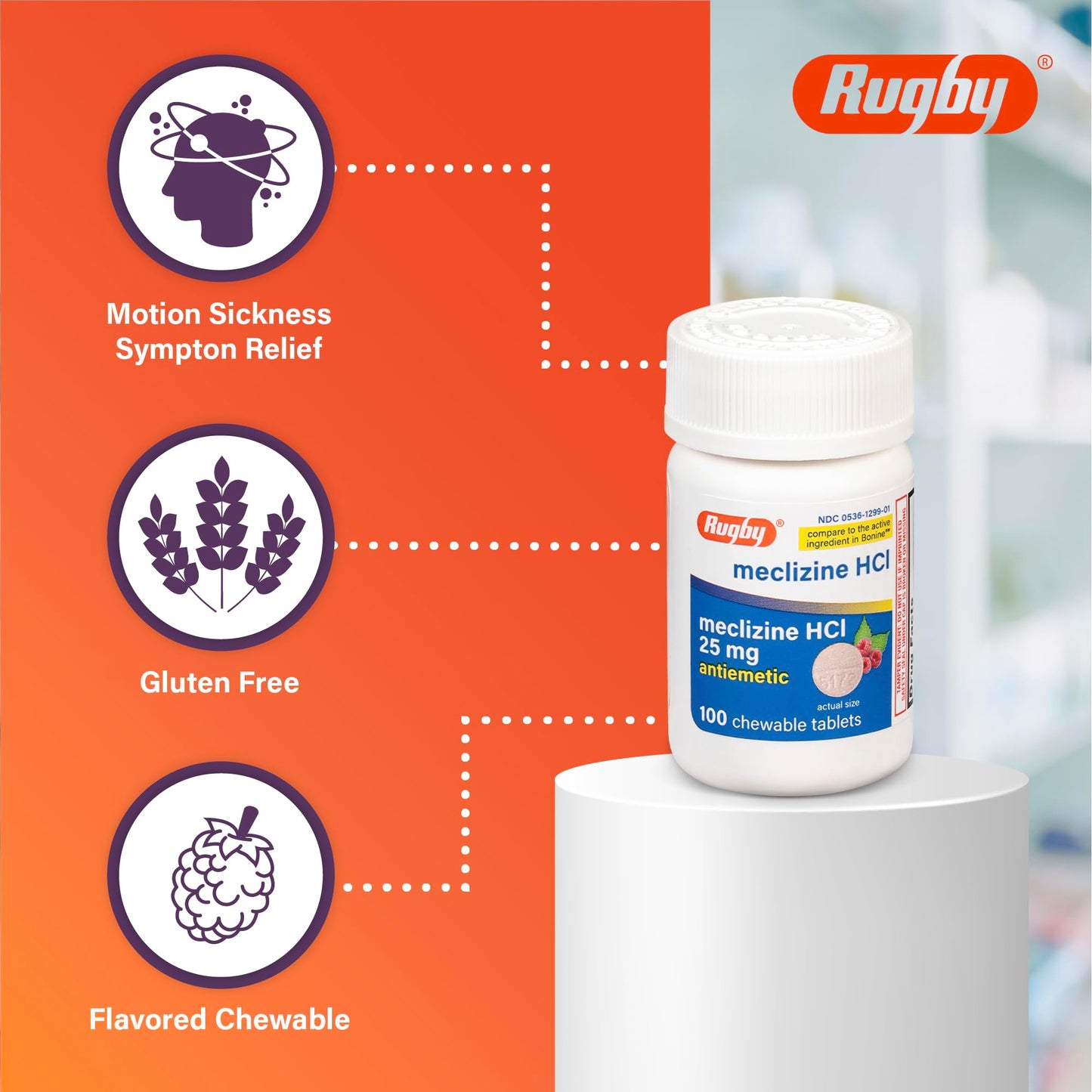 Rugby travel sickness chewable pills close up view showing raspberry flavor detail