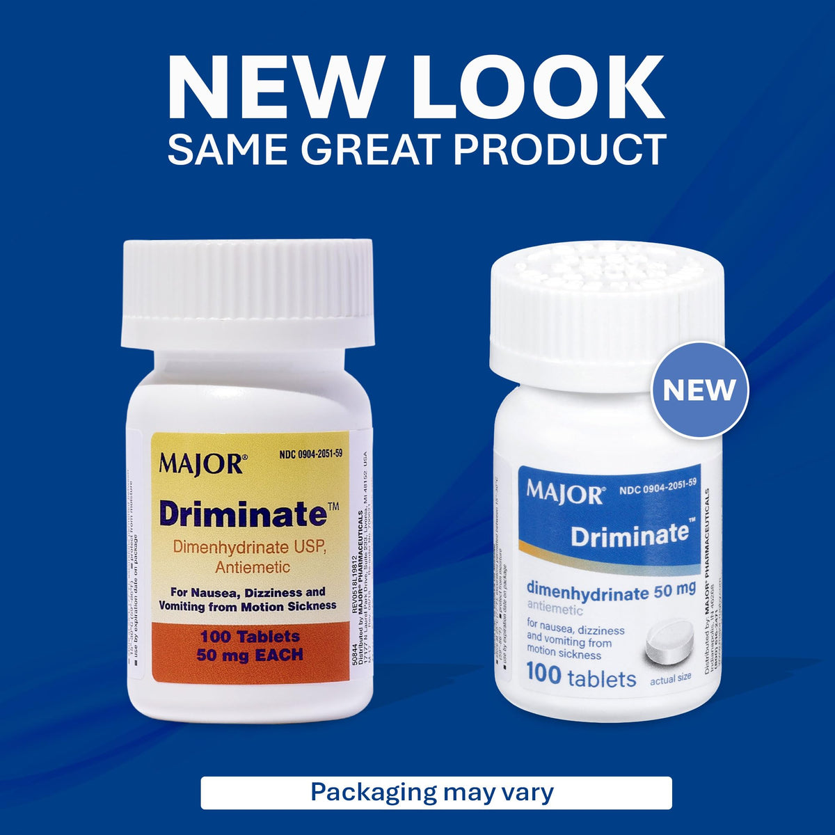 MAJOR Driminate 100 count bottle side panel showing drug facts and warnings