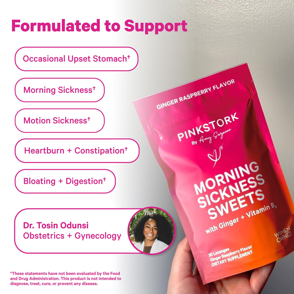 Individually wrapped Pink Stork ginger raspberry lozenges for on the go prenatal care