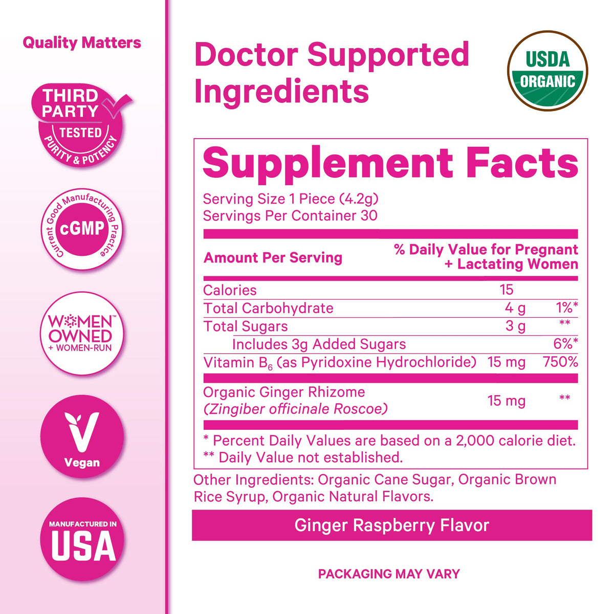 Authentic Pink Stork USDA organic raspberry ginger hard candies side view