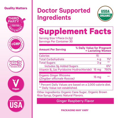 Authentic Pink Stork USDA organic raspberry ginger hard candies side view