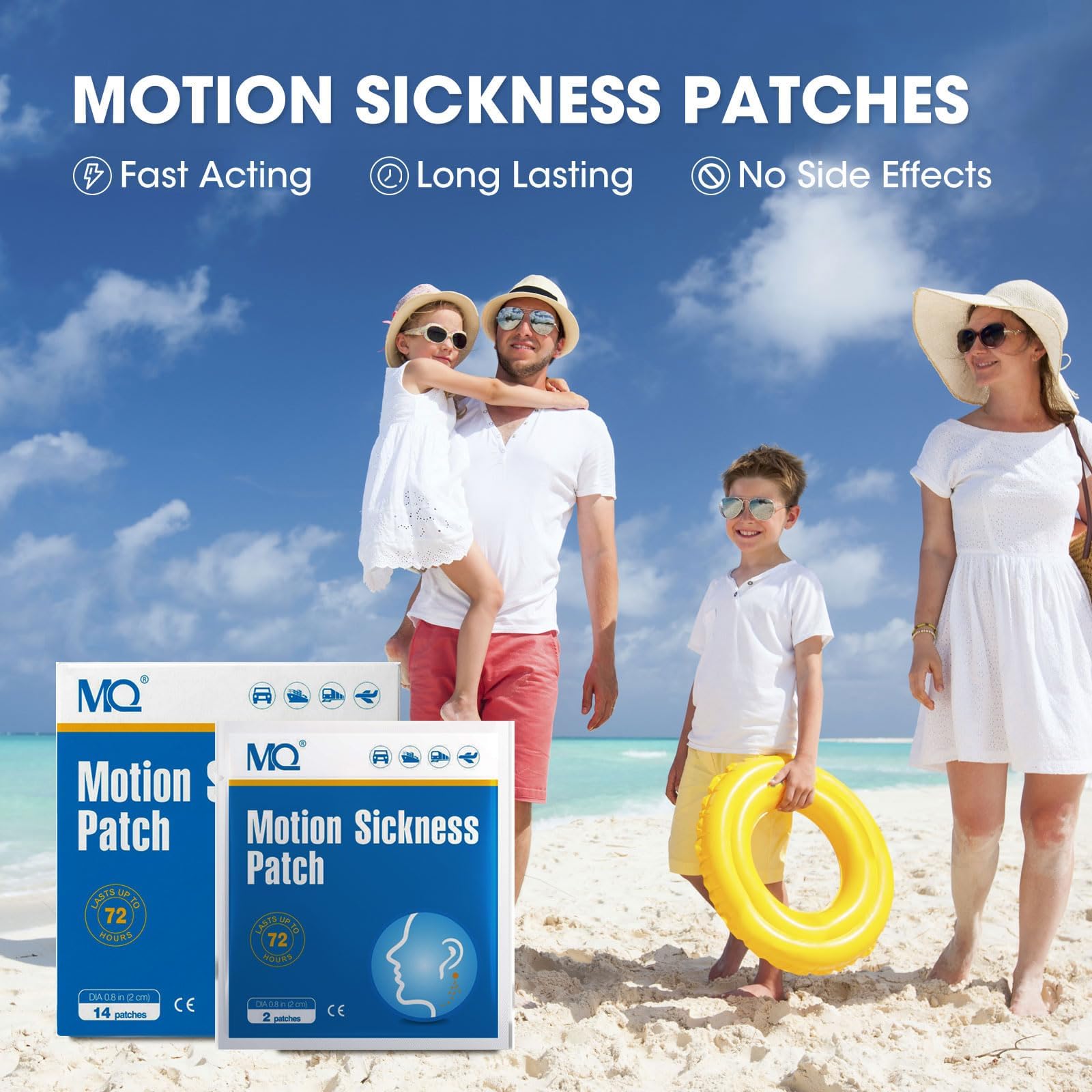 MQ natural non drowsy travel patch being applied behind the ear for fast acting nausea relief.