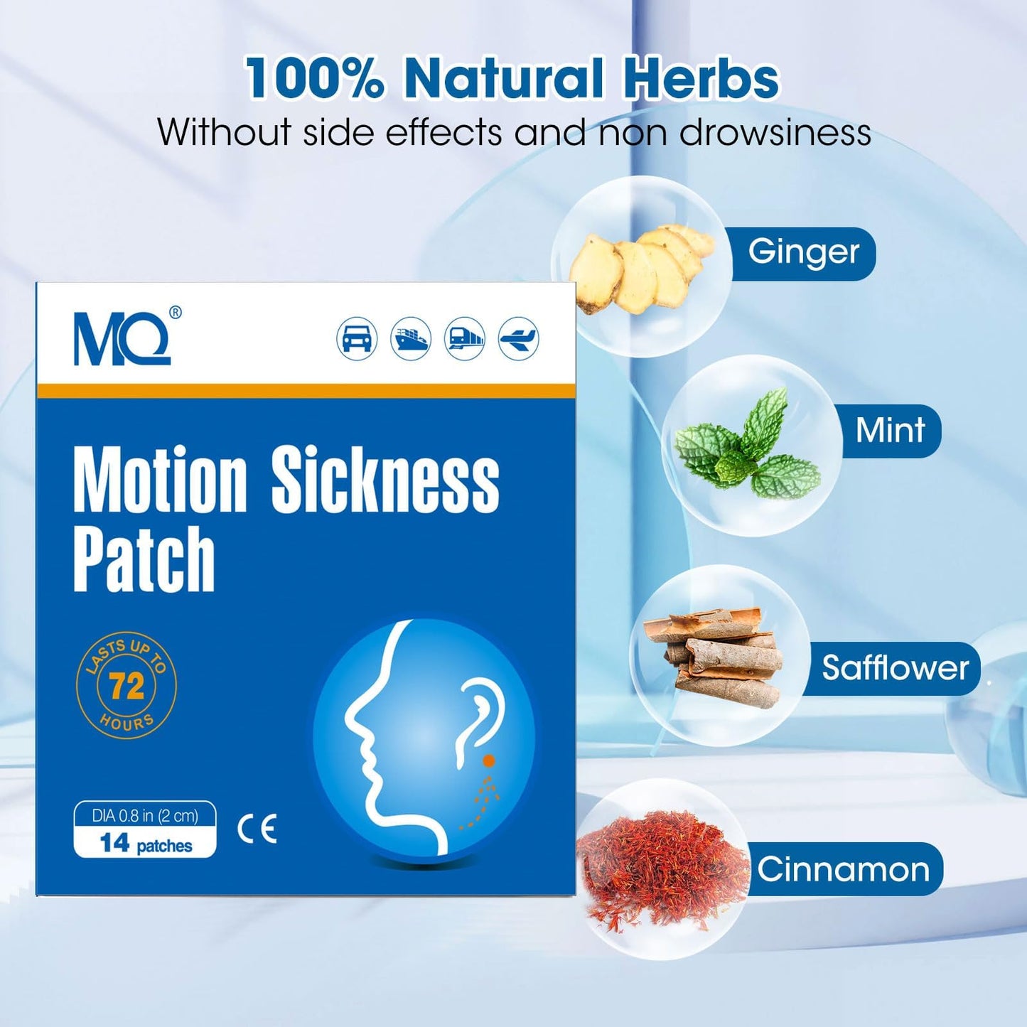 Compact portable travel essentials pack of MQ herbal patches for airplanes and road trips.