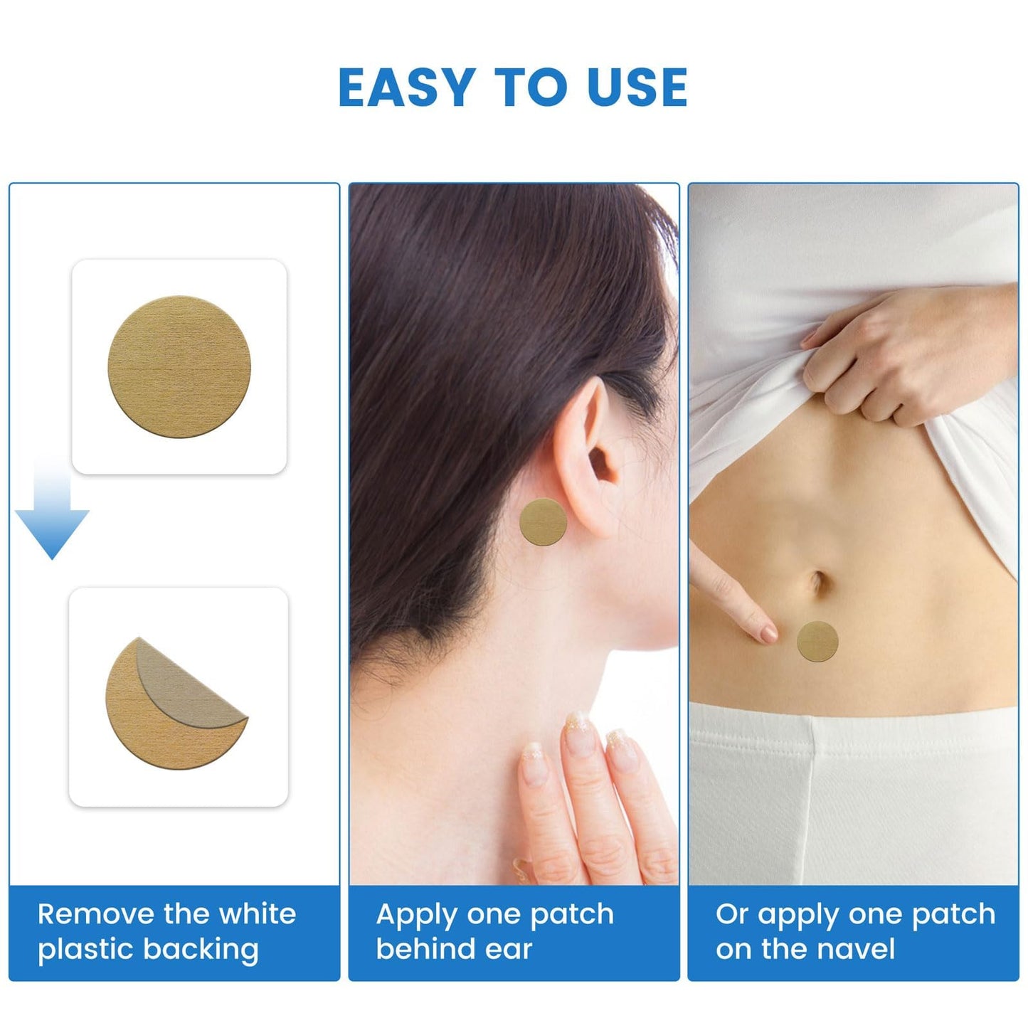 Infographic illustrating the application placement of the herbal patch behind the ear and on the navel.