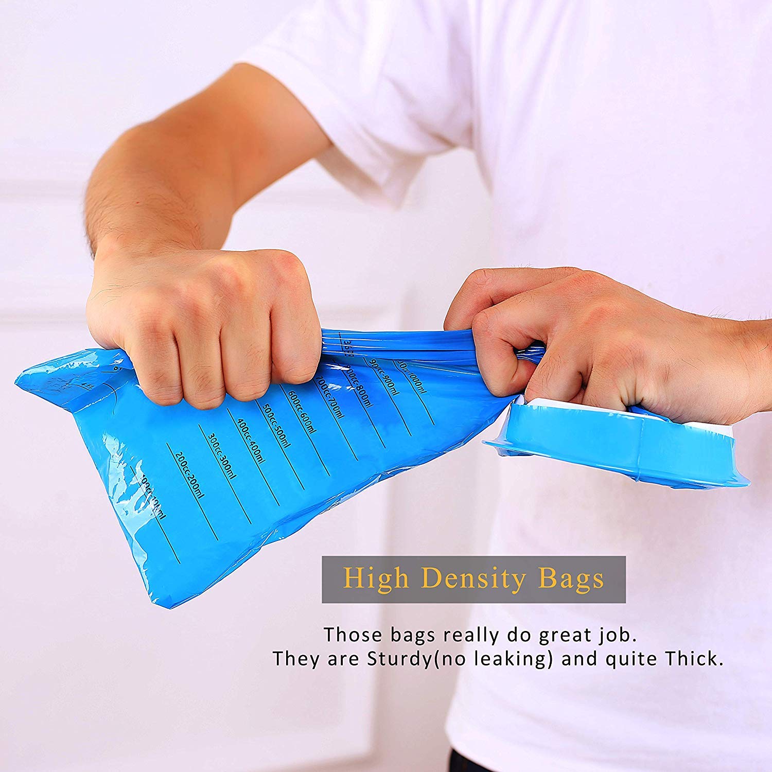 Blue disposable sickness bags highlighting the notched ring mechanism used to twist and seal contents.