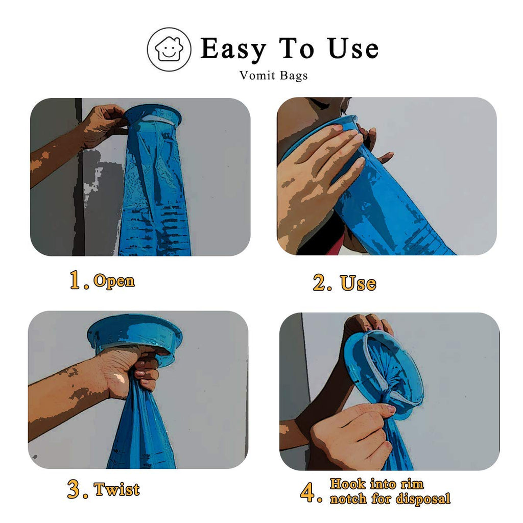 Leakproof blue disposable emesis bags for cars and emergency cleanup kits imported from USA.