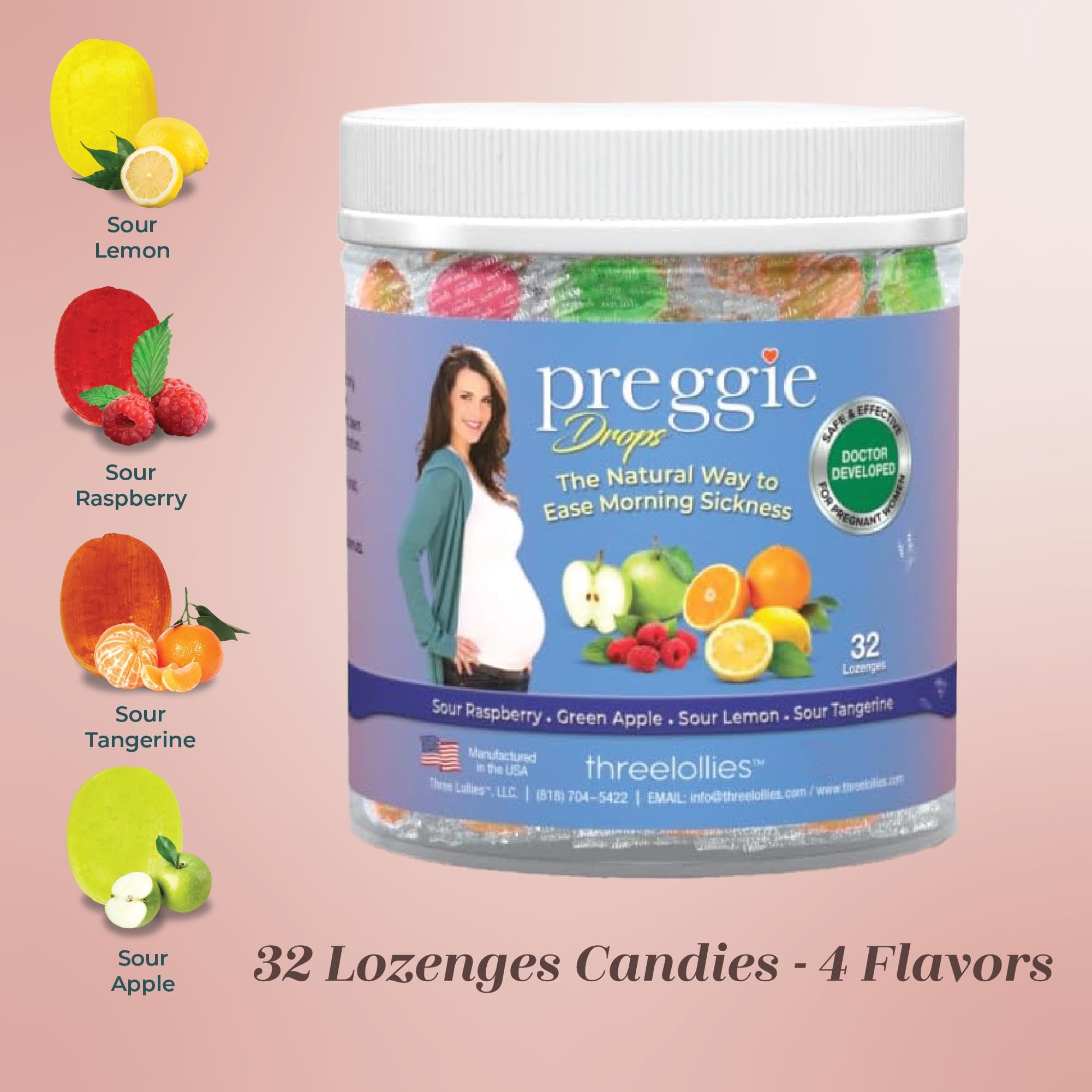 Back label of Three Lollies Preggie Pop Drops highlighting the drug free ingredients and Vitamin B6 content for pregnancy nausea.