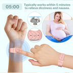 Hion natural morning sickness relief band worn on a female wrist for pregnancy support.
