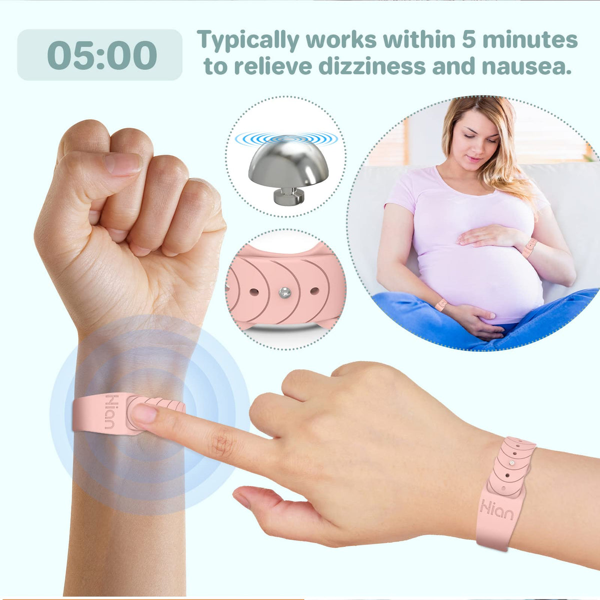 Hion natural morning sickness relief band worn on a female wrist for pregnancy support.