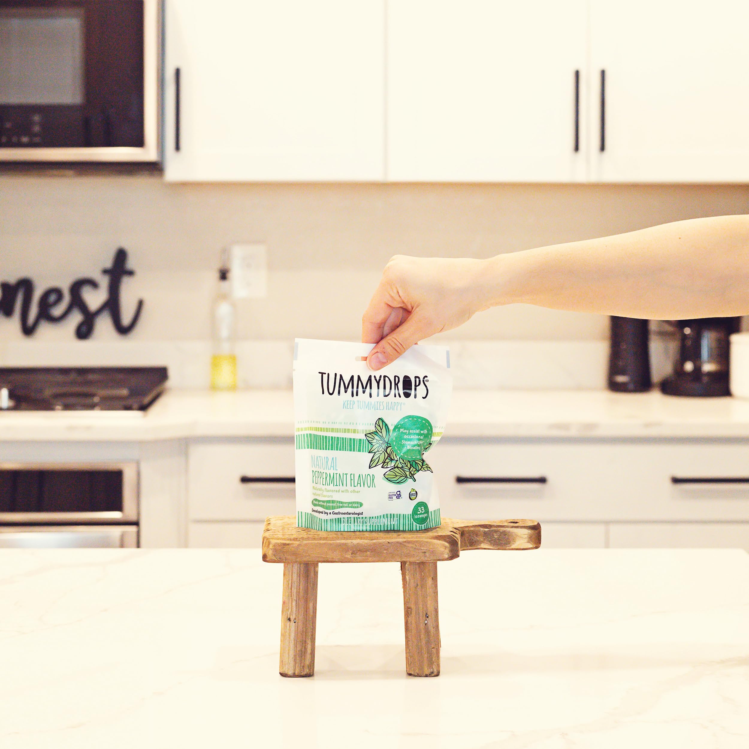Tummy Drops Peppermint digestive drops showing the organic ingredients and gluten-free certification labels.