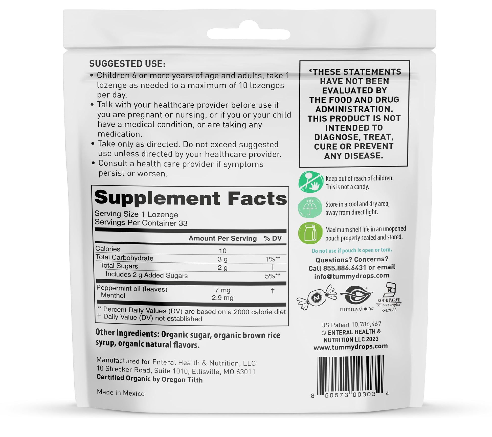 Tummy Drops Natural Peppermint hard candies showing the vegan and kosher product symbols.