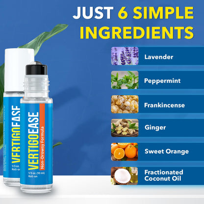 Basic Vigor Vertigo Ease 10ml essential oil blend displaying the natural ingredients list including ginger and lavender.