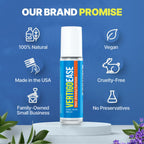 Side angle view of the USA manufactured Basic Vigor Vertigo Ease premium essential oil roller bottle.